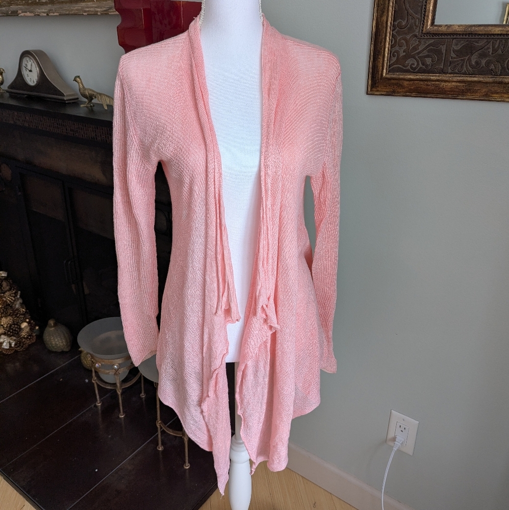 Eileen Fisher Womens Linen Medium Coral Pink Open Waterfall Cardigan Sweater 140